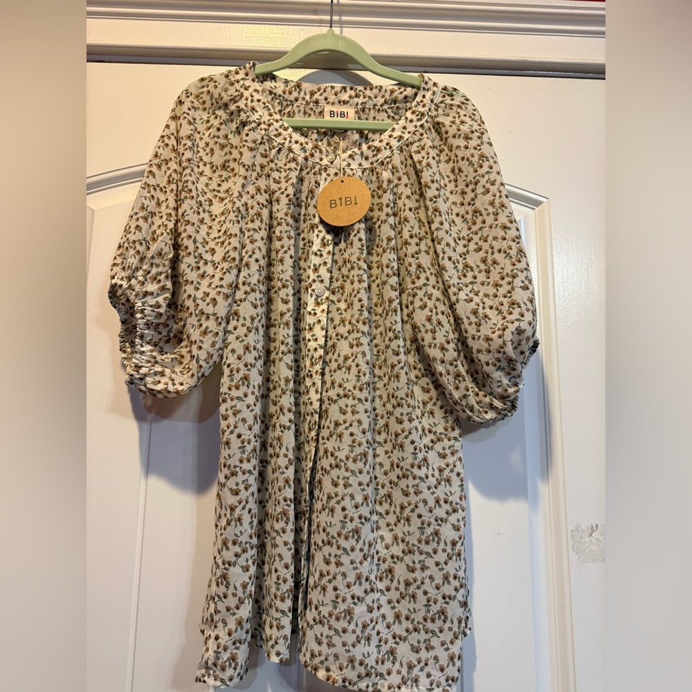BiBi Beige and Brown Patterned Button Down Blouse… - image 2